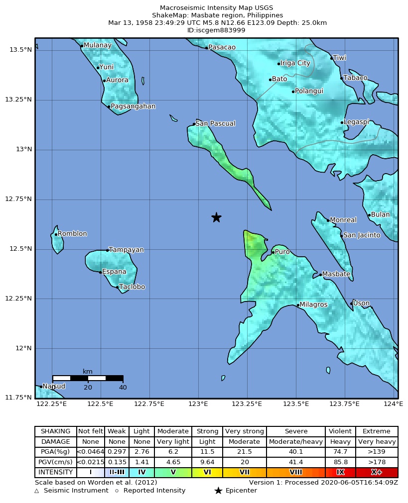 USGS ShakeMap: estimated shaking intensity around the epicenter