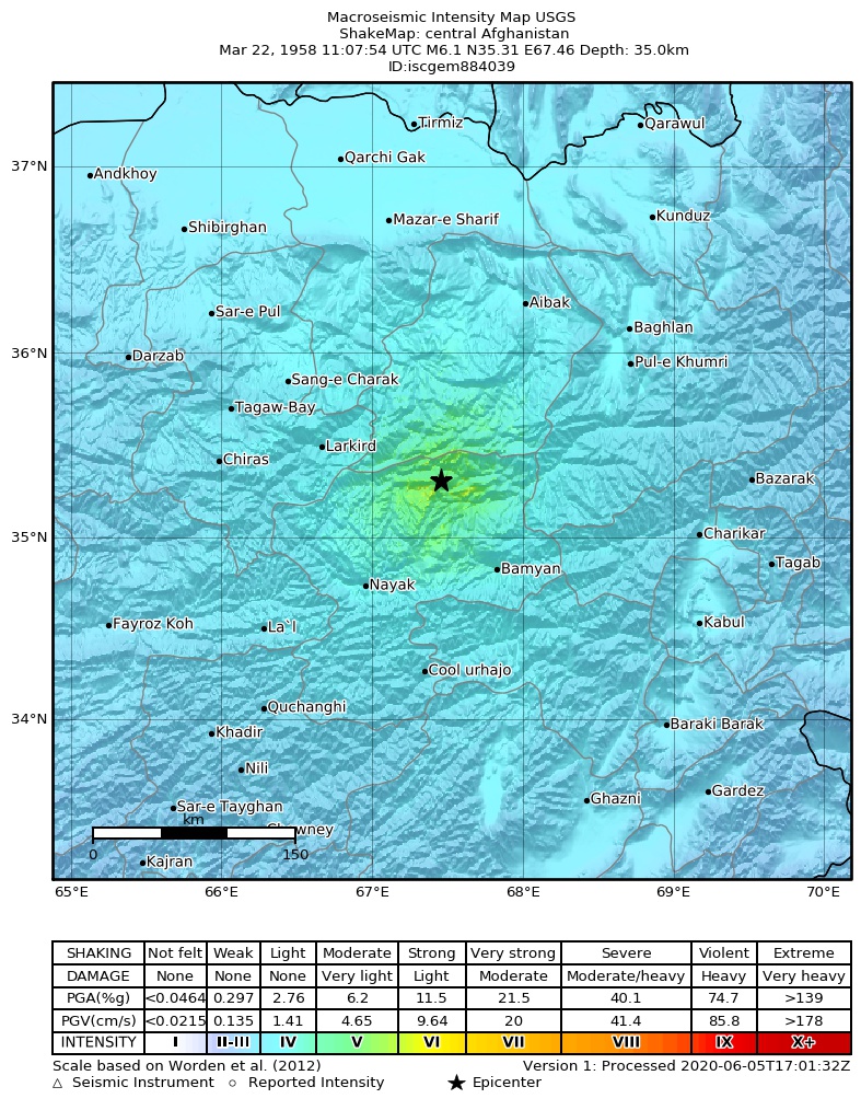 USGS ShakeMap: estimated shaking intensity around the epicenter