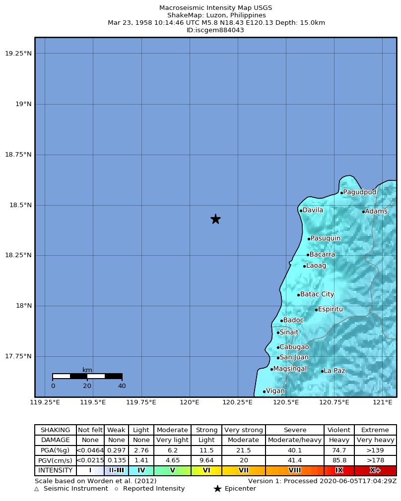 USGS ShakeMap: estimated shaking intensity around the epicenter