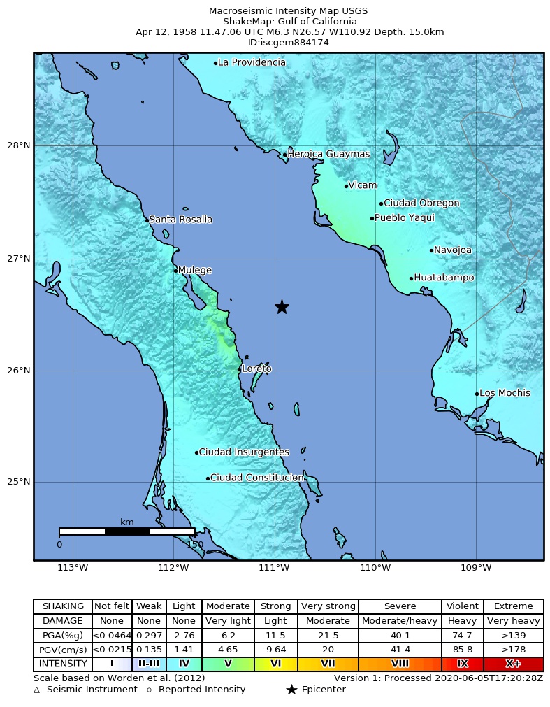 USGS ShakeMap: estimated shaking intensity around the epicenter