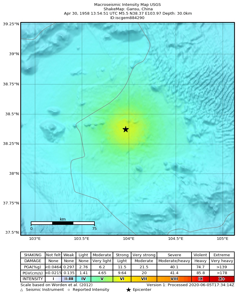 USGS ShakeMap: estimated shaking intensity around the epicenter