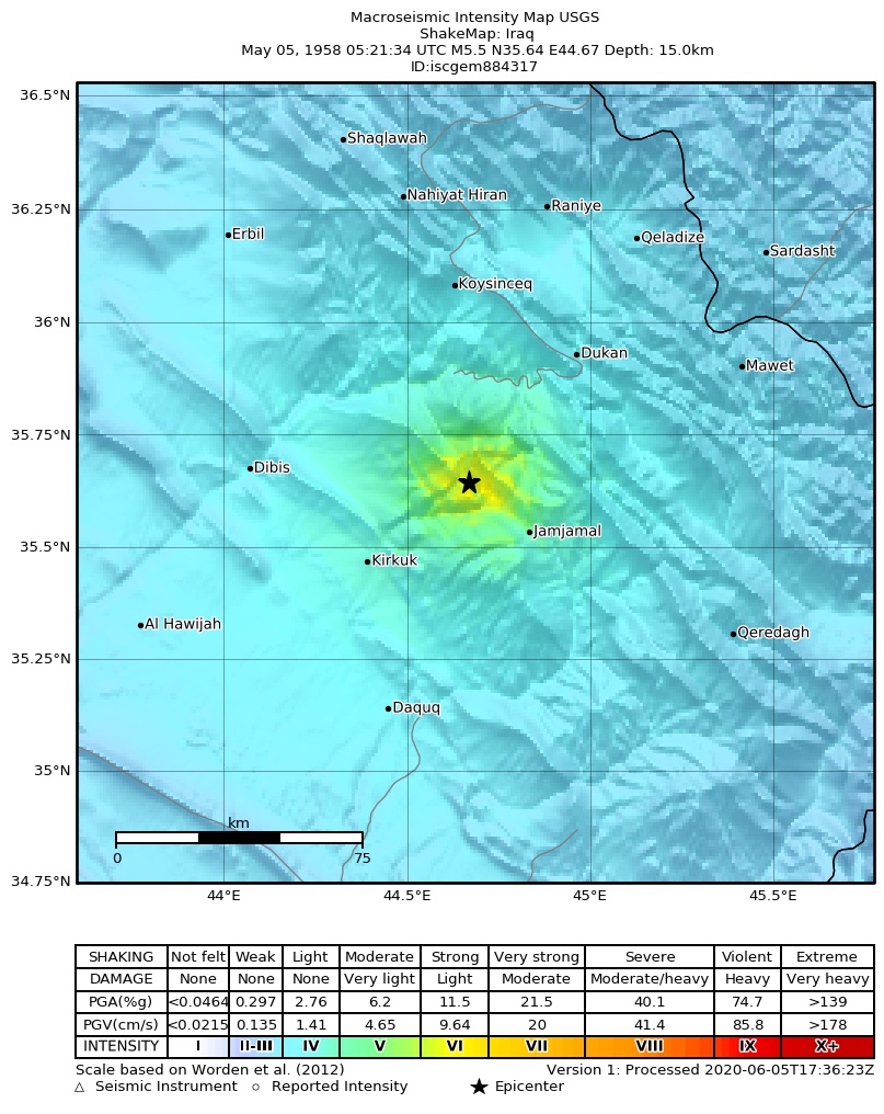 USGS ShakeMap: estimated shaking intensity around the epicenter