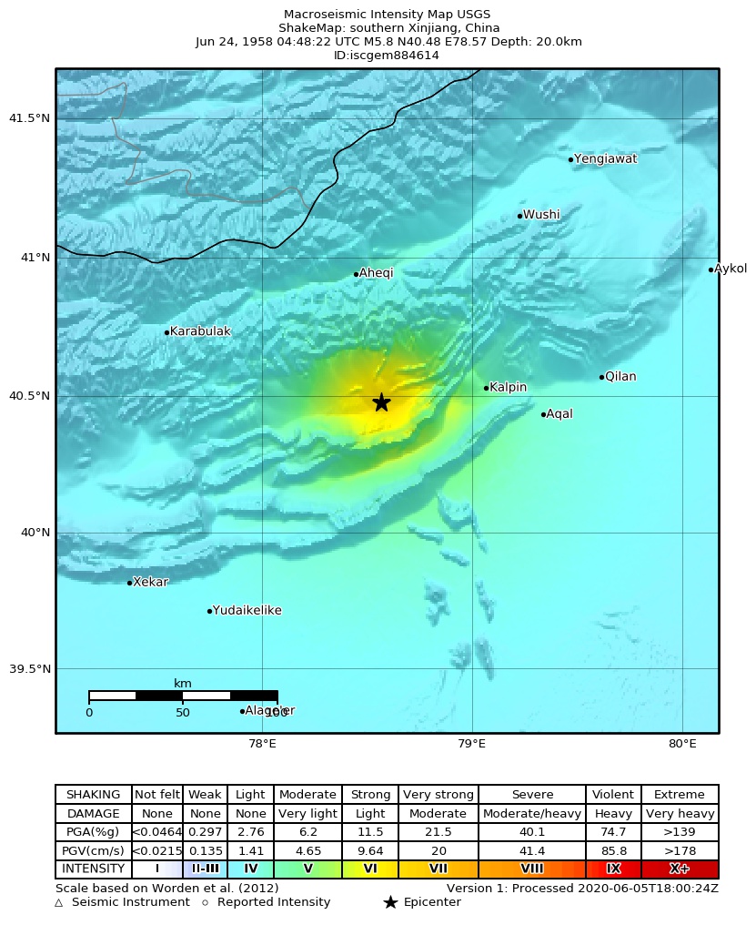 USGS ShakeMap: estimated shaking intensity around the epicenter