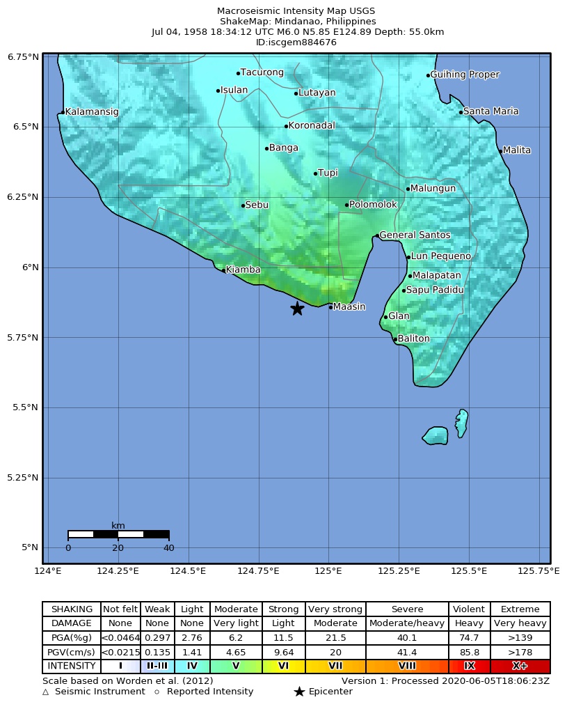 USGS ShakeMap: estimated shaking intensity around the epicenter