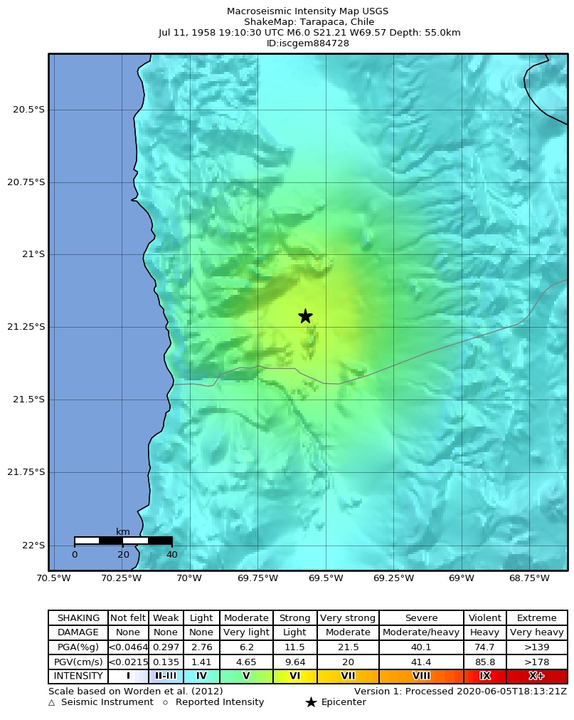 USGS ShakeMap: estimated shaking intensity around the epicenter