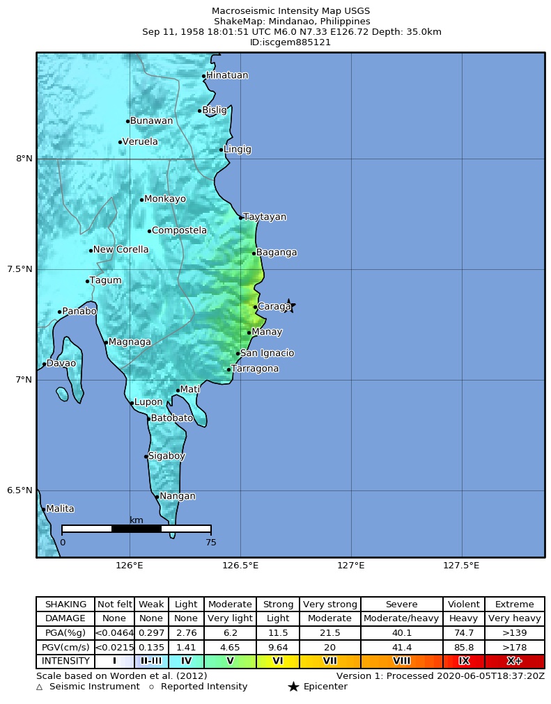 USGS ShakeMap: estimated shaking intensity around the epicenter