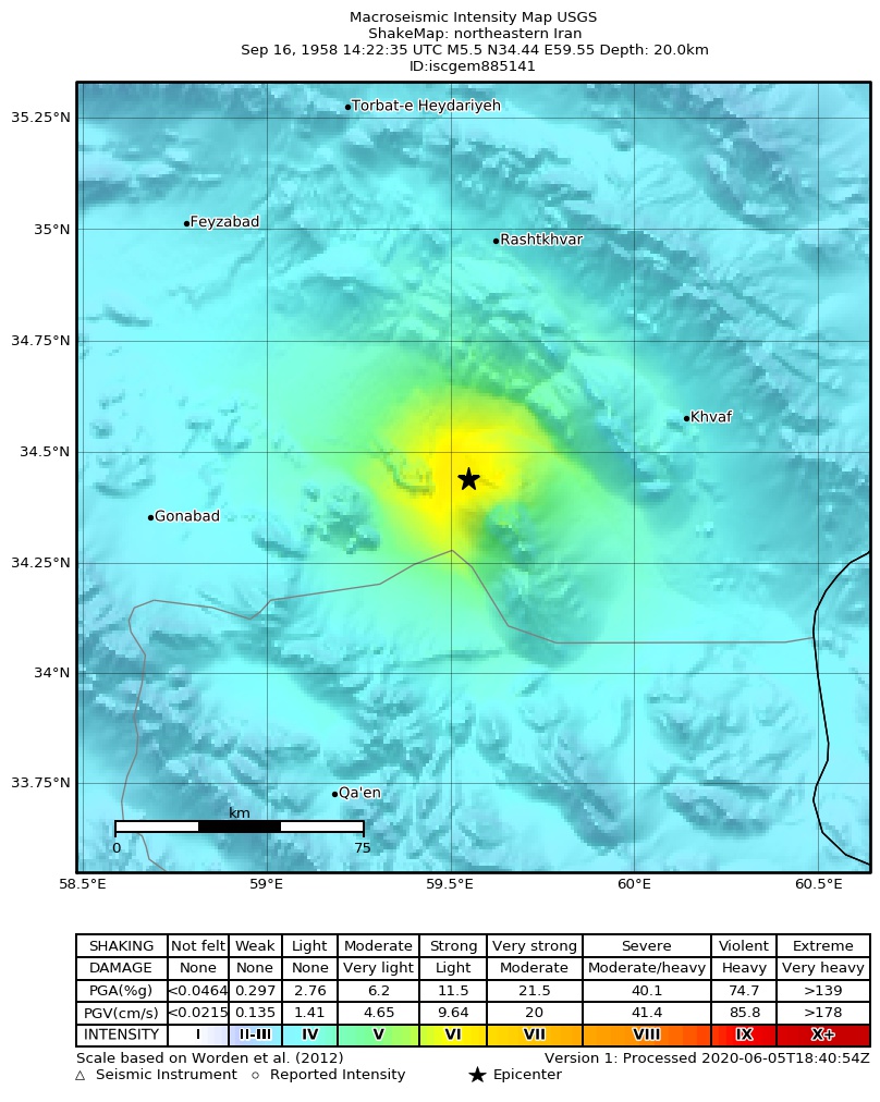 USGS ShakeMap: estimated shaking intensity around the epicenter