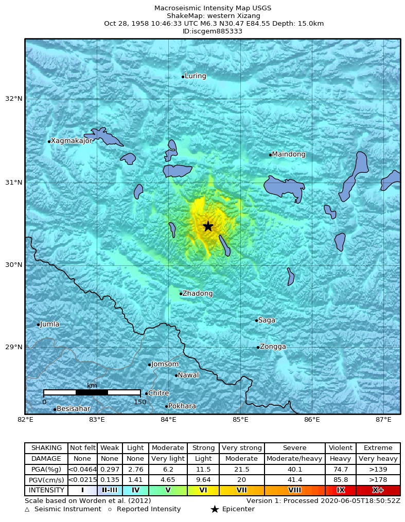 USGS ShakeMap: estimated shaking intensity around the epicenter