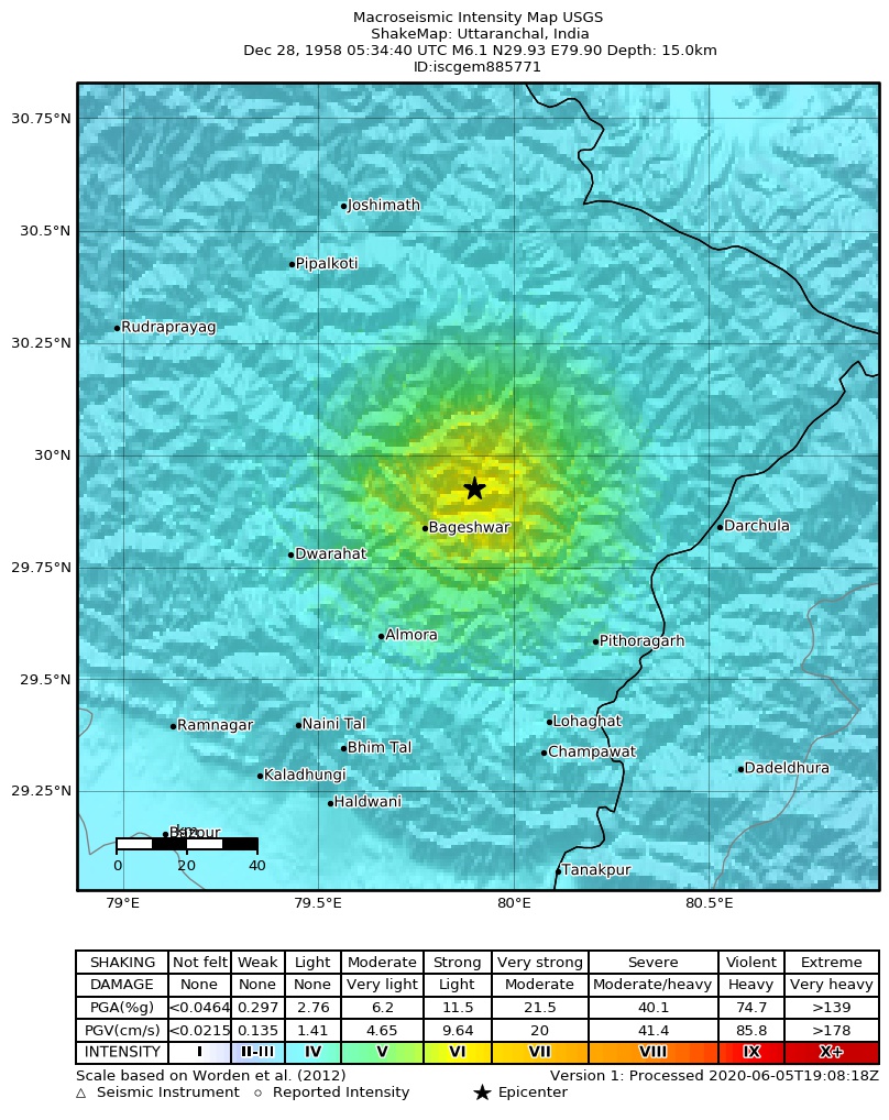 USGS ShakeMap: estimated shaking intensity around the epicenter