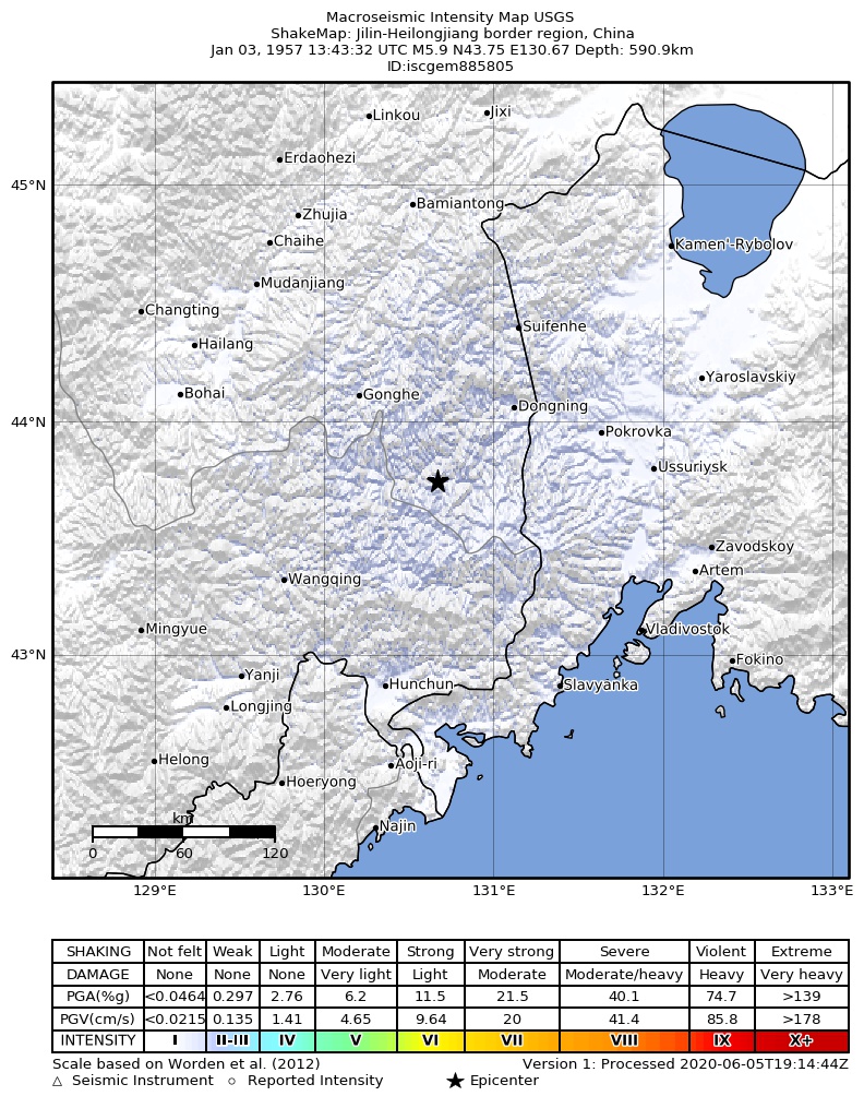 USGS ShakeMap: estimated shaking intensity around the epicenter