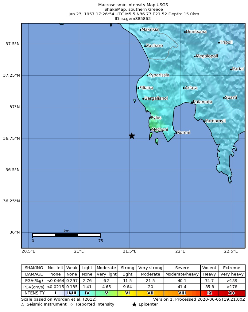 USGS ShakeMap: estimated shaking intensity around the epicenter