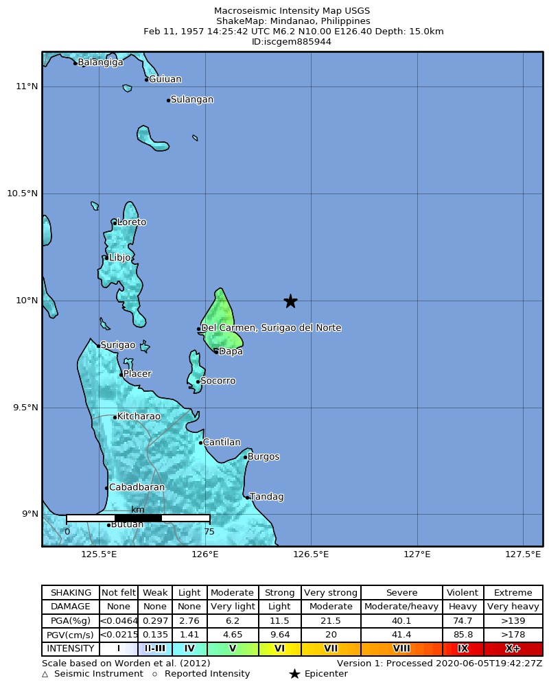 USGS ShakeMap: estimated shaking intensity around the epicenter