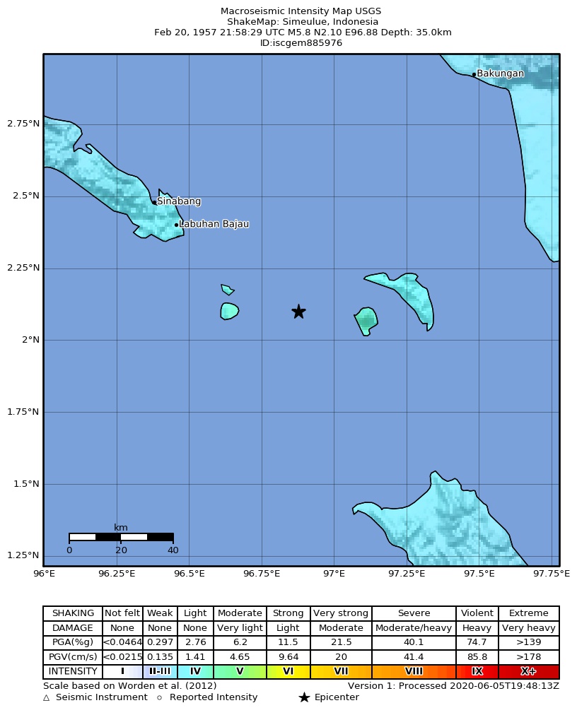 USGS ShakeMap: estimated shaking intensity around the epicenter