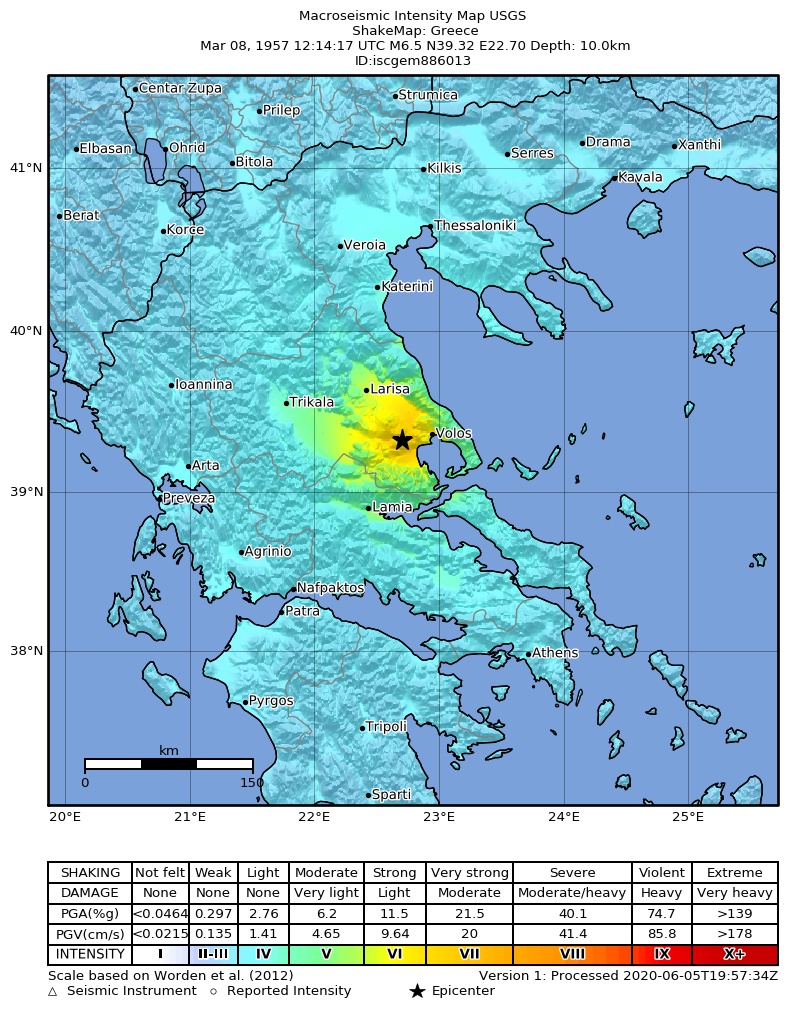 USGS ShakeMap: estimated shaking intensity around the epicenter