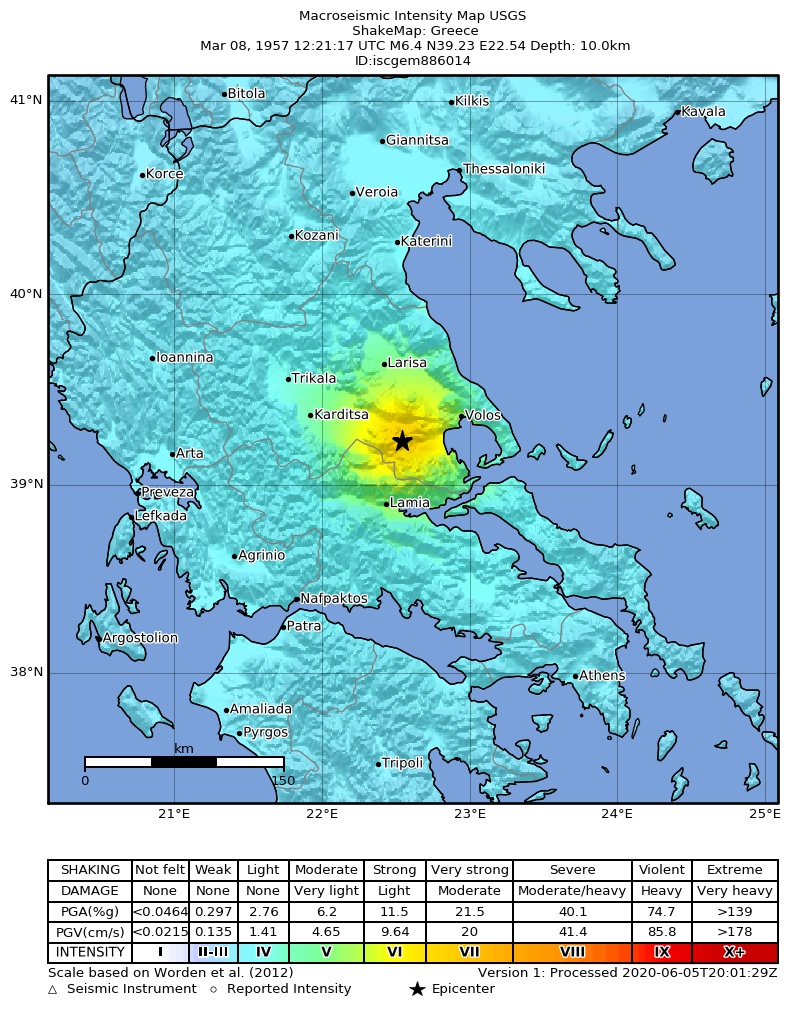 USGS ShakeMap: estimated shaking intensity around the epicenter
