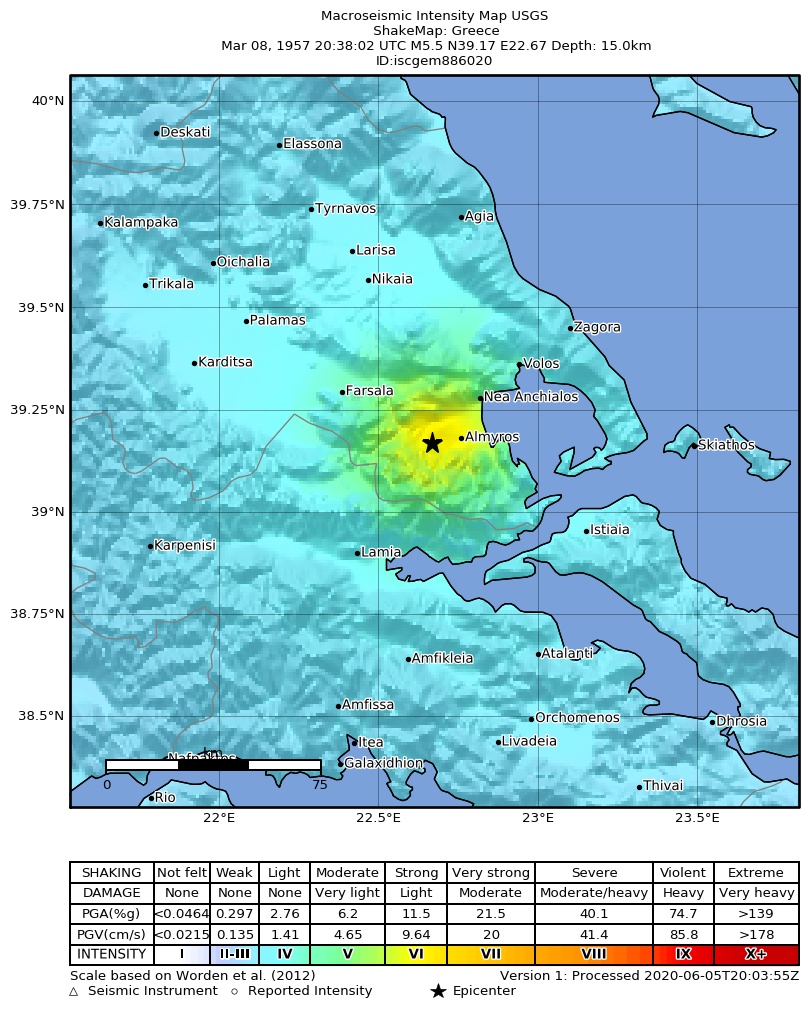 USGS ShakeMap: estimated shaking intensity around the epicenter