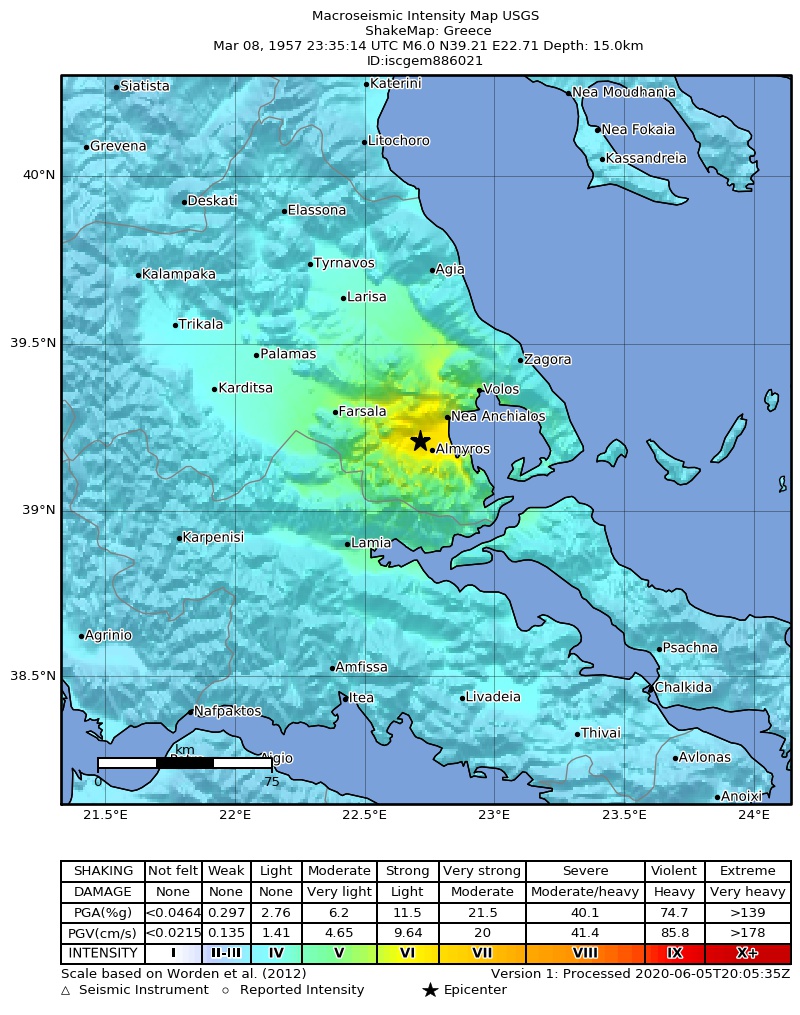USGS ShakeMap: estimated shaking intensity around the epicenter