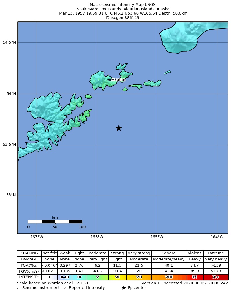 USGS ShakeMap: estimated shaking intensity around the epicenter