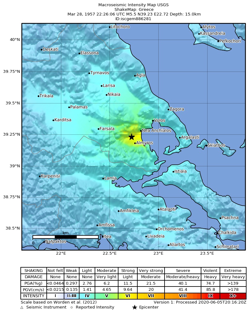 USGS ShakeMap: estimated shaking intensity around the epicenter