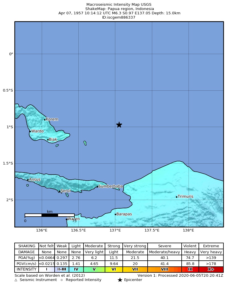 USGS ShakeMap: estimated shaking intensity around the epicenter