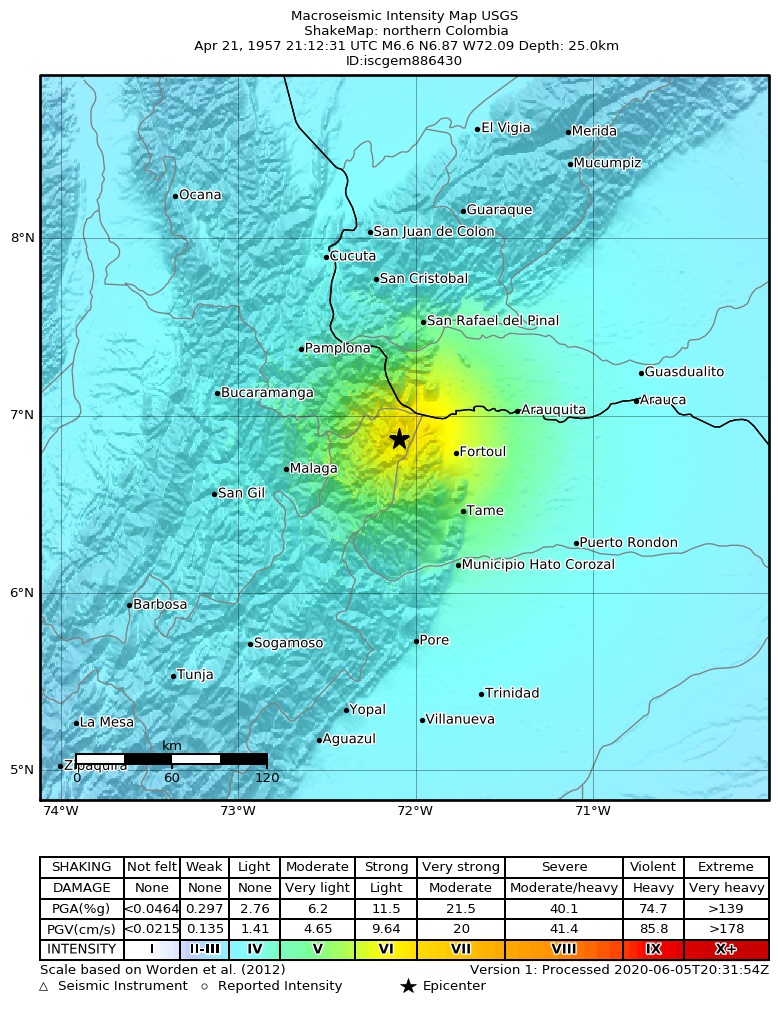 USGS ShakeMap: estimated shaking intensity around the epicenter