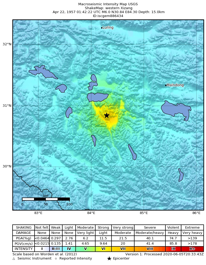 USGS ShakeMap: estimated shaking intensity around the epicenter