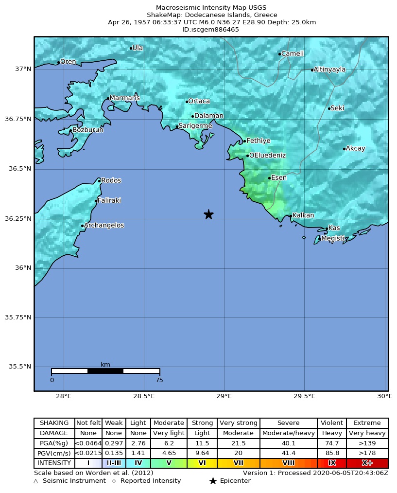USGS ShakeMap: estimated shaking intensity around the epicenter