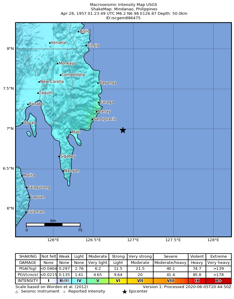 USGS ShakeMap: estimated shaking intensity around the epicenter