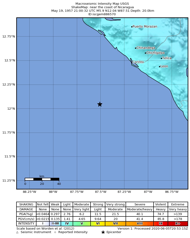 USGS ShakeMap: estimated shaking intensity around the epicenter