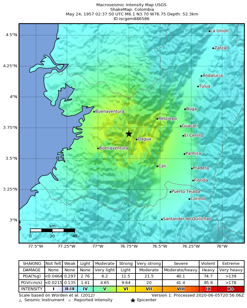 USGS ShakeMap: estimated shaking intensity around the epicenter