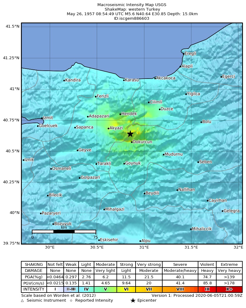 USGS ShakeMap: estimated shaking intensity around the epicenter