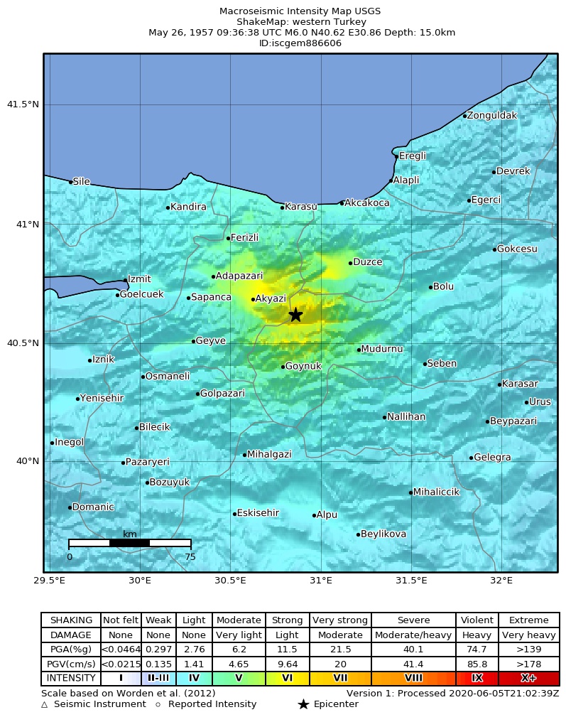 USGS ShakeMap: estimated shaking intensity around the epicenter