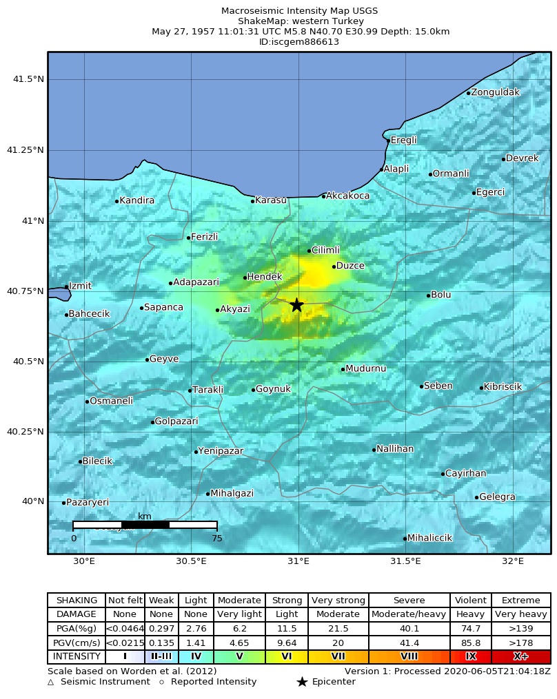 USGS ShakeMap: estimated shaking intensity around the epicenter
