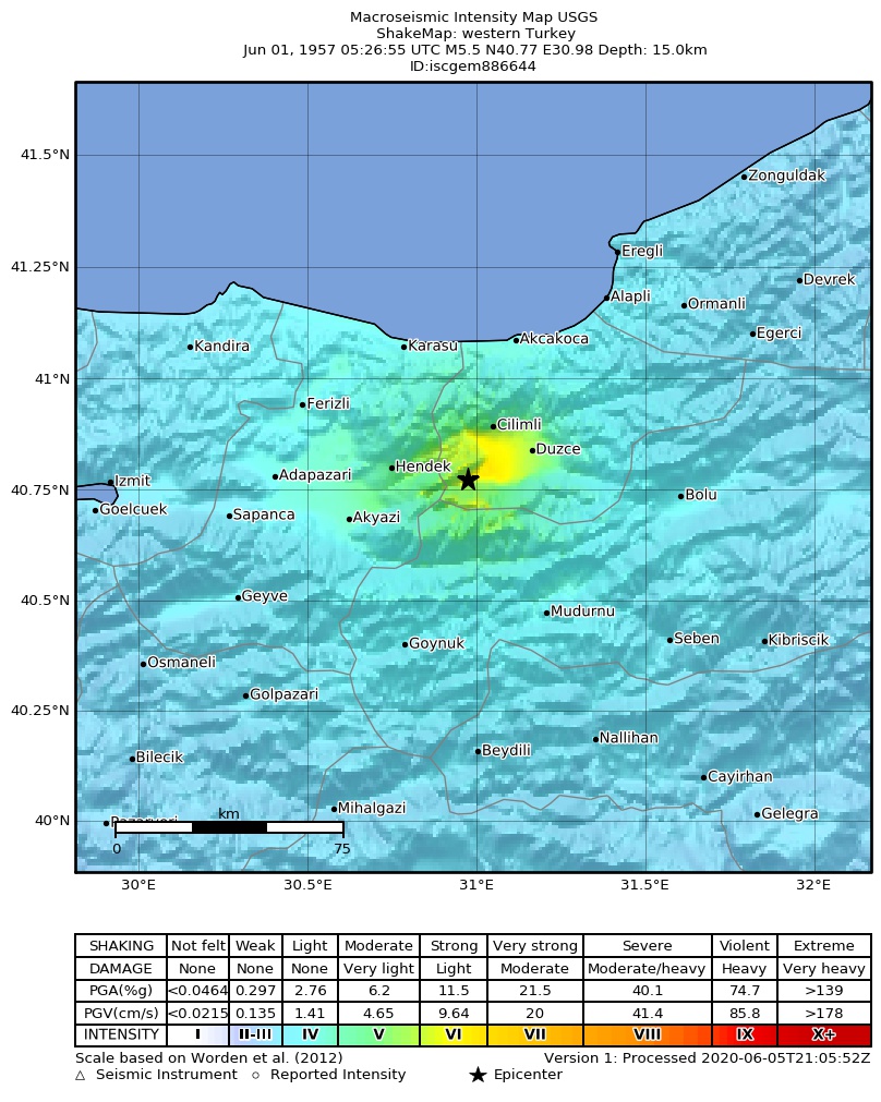 USGS ShakeMap: estimated shaking intensity around the epicenter