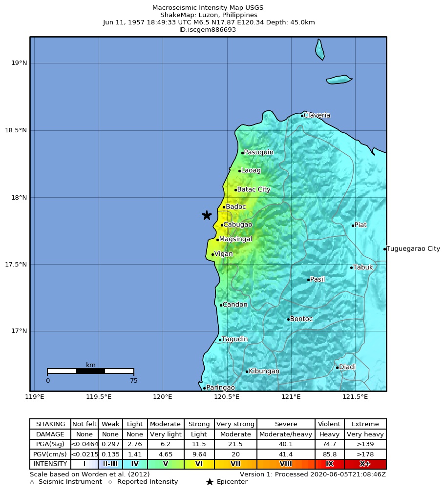 USGS ShakeMap: estimated shaking intensity around the epicenter