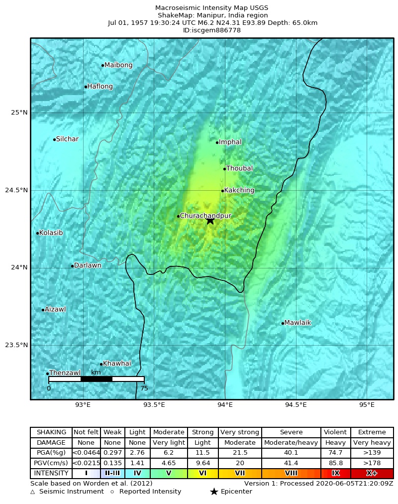 USGS ShakeMap: estimated shaking intensity around the epicenter