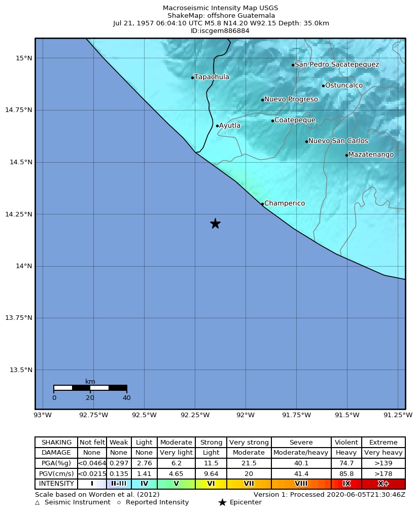 USGS ShakeMap: estimated shaking intensity around the epicenter