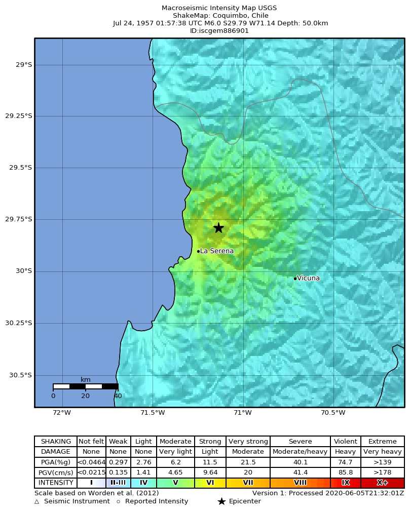 USGS ShakeMap: estimated shaking intensity around the epicenter