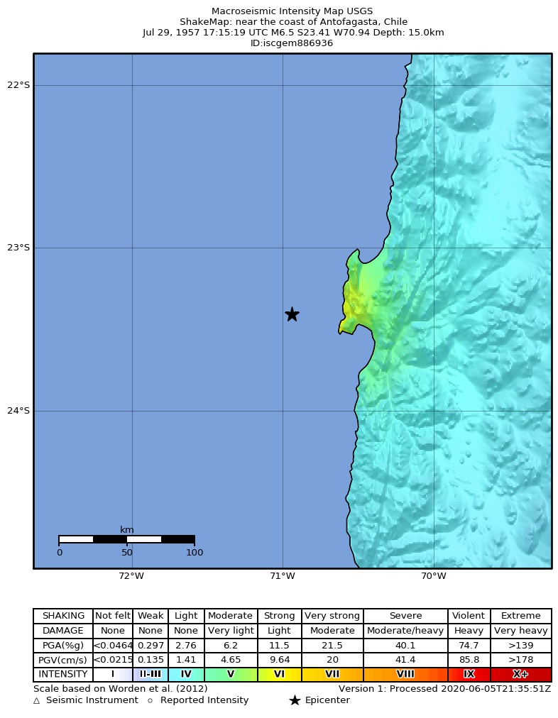 USGS ShakeMap: estimated shaking intensity around the epicenter