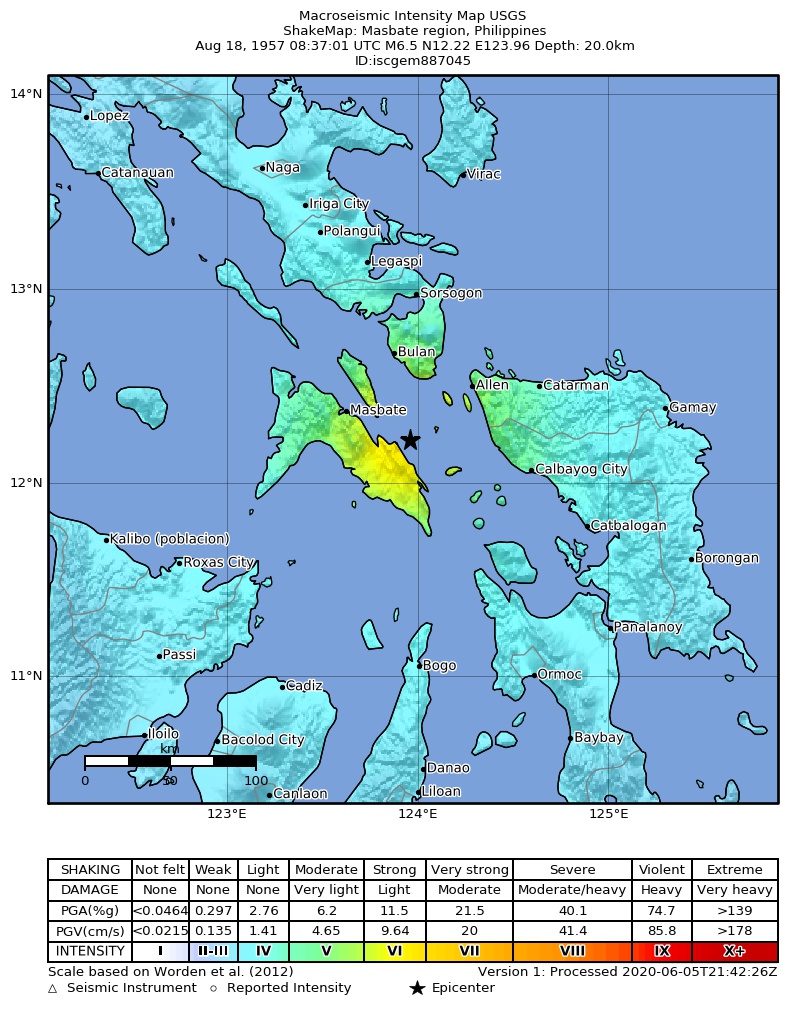 USGS ShakeMap: estimated shaking intensity around the epicenter