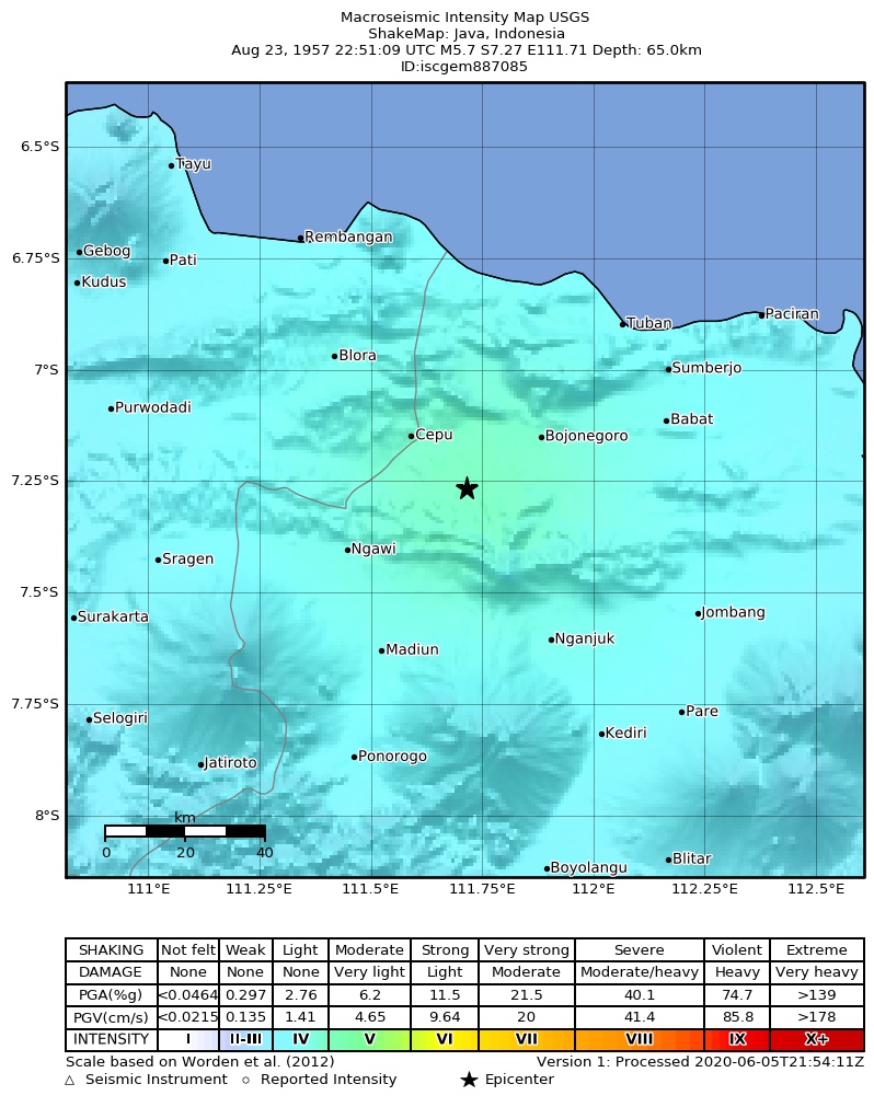 USGS ShakeMap: estimated shaking intensity around the epicenter