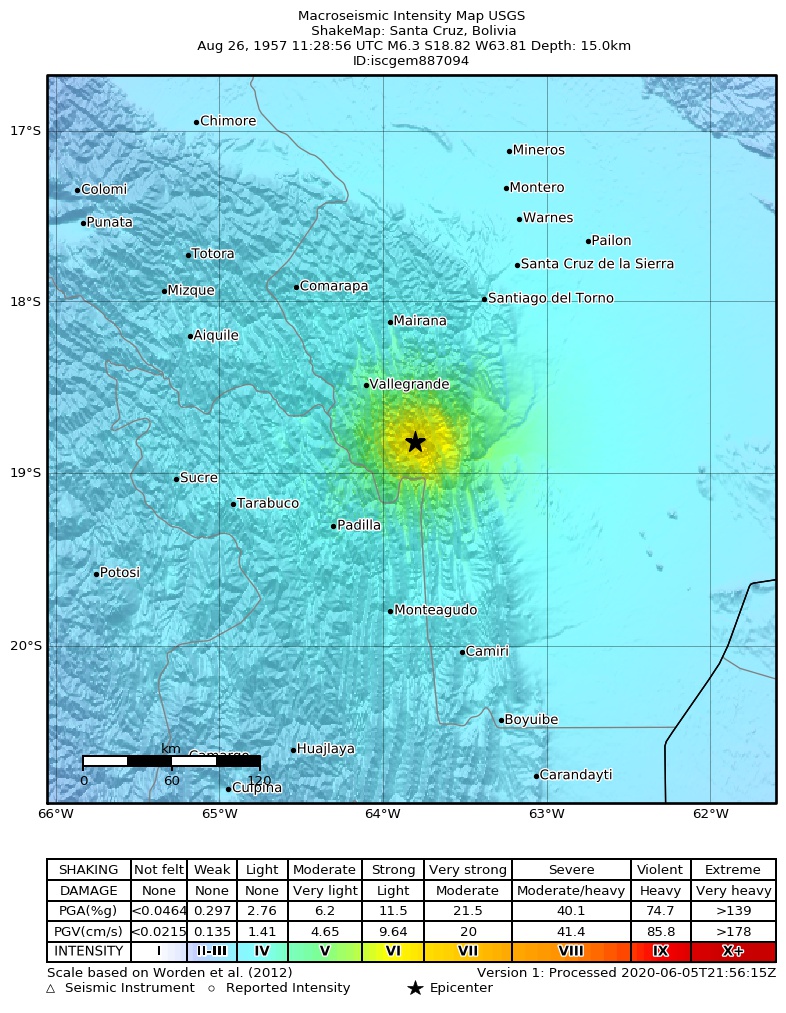 USGS ShakeMap: estimated shaking intensity around the epicenter