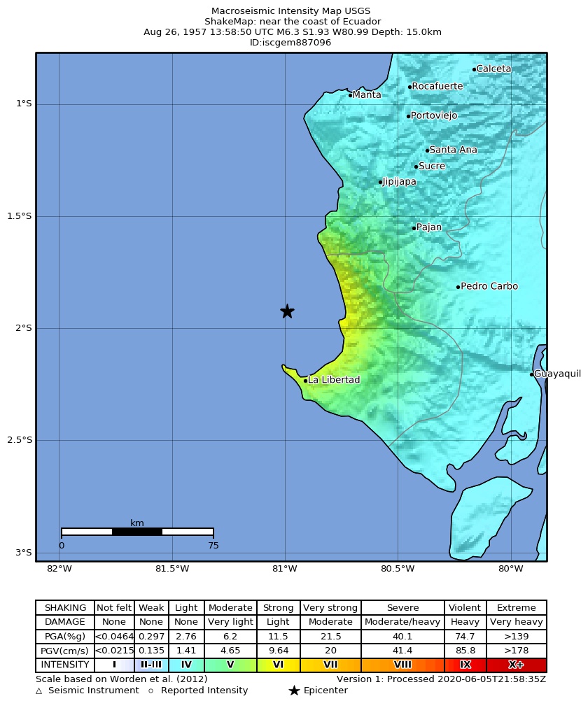USGS ShakeMap: estimated shaking intensity around the epicenter