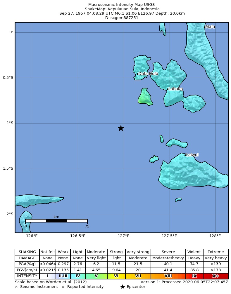USGS ShakeMap: estimated shaking intensity around the epicenter