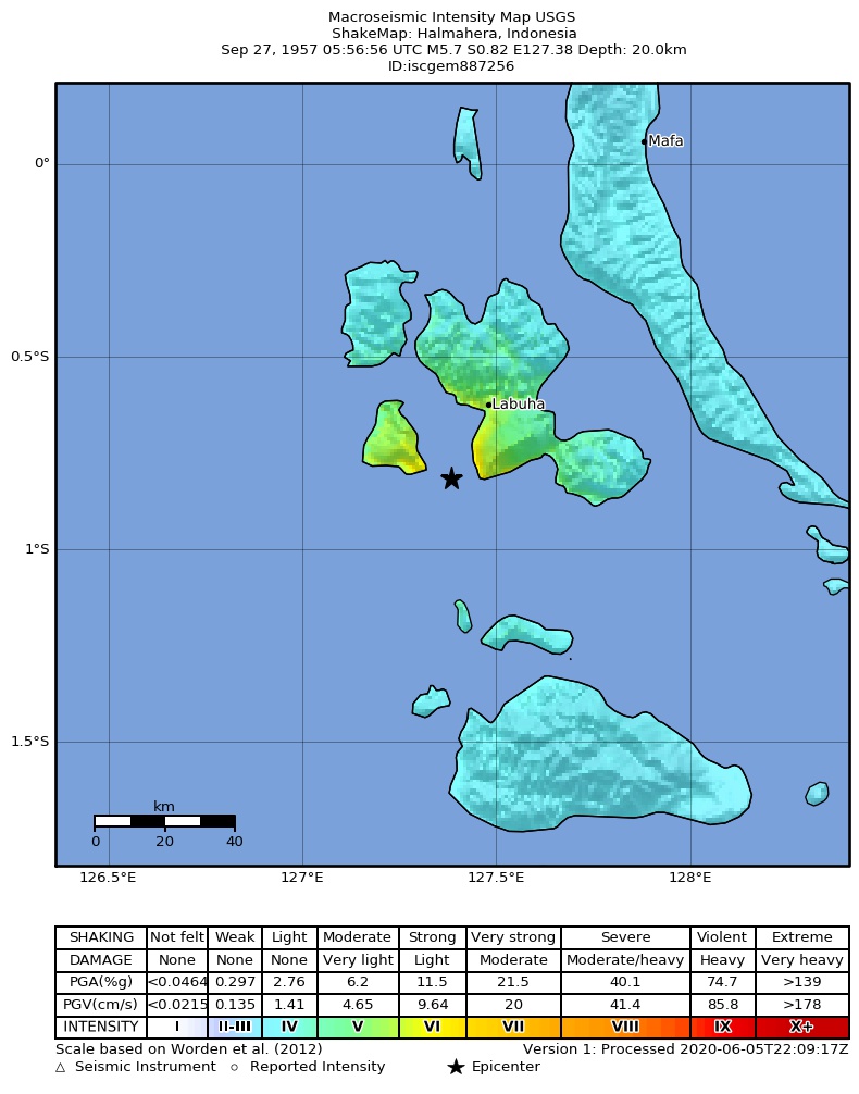 USGS ShakeMap: estimated shaking intensity around the epicenter
