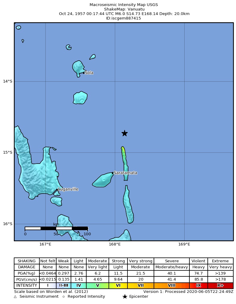 USGS ShakeMap: estimated shaking intensity around the epicenter