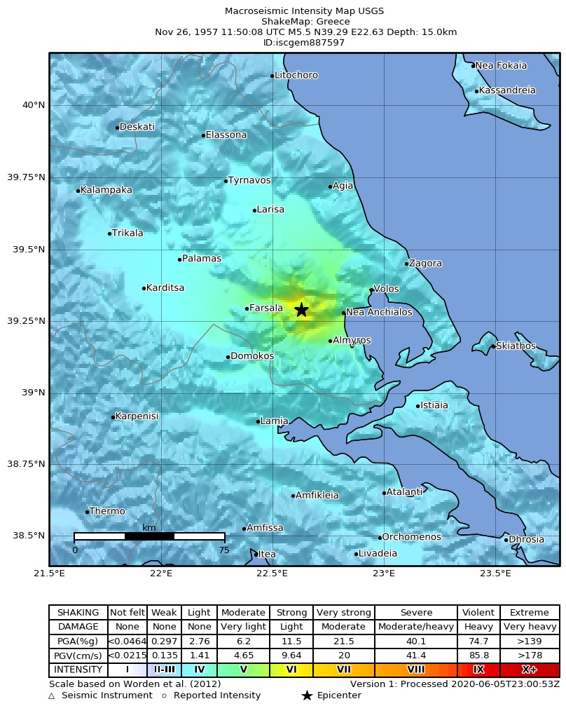 USGS ShakeMap: estimated shaking intensity around the epicenter