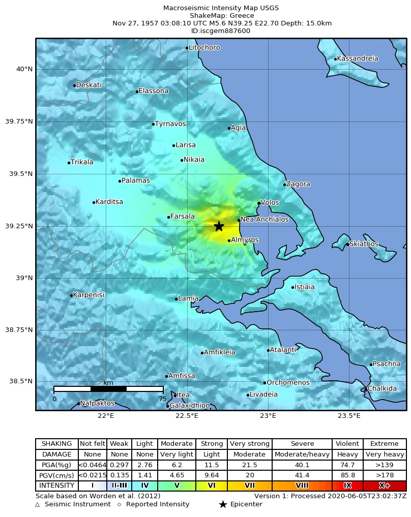 USGS ShakeMap: estimated shaking intensity around the epicenter