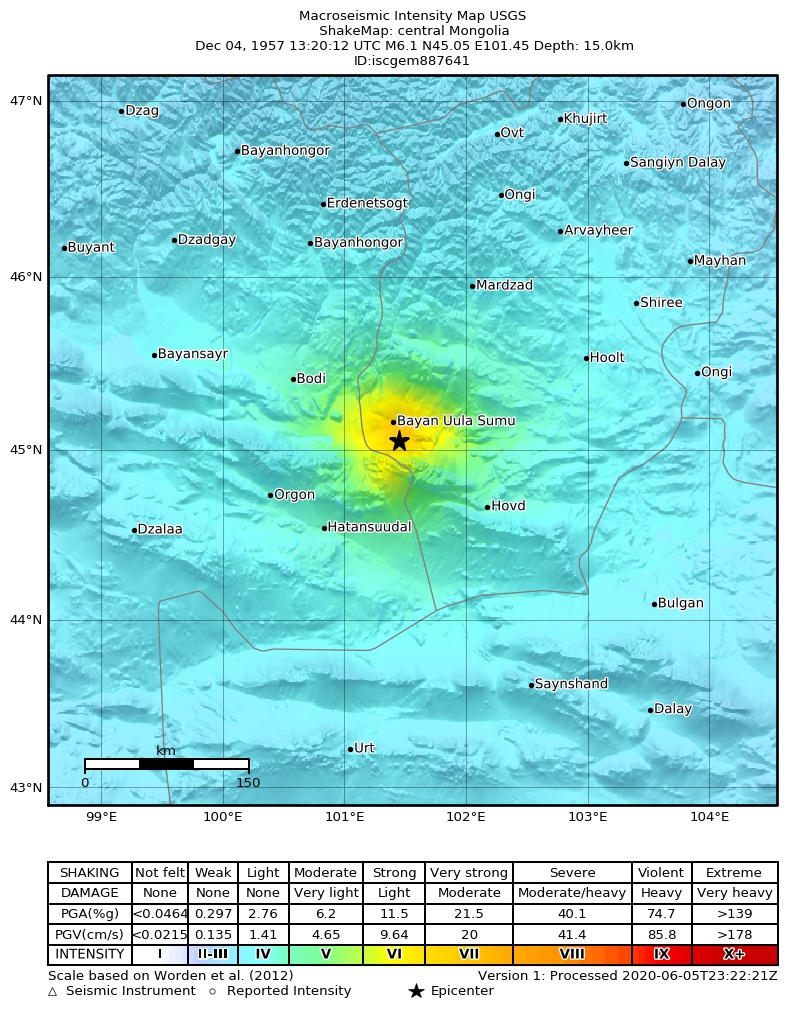 USGS ShakeMap: estimated shaking intensity around the epicenter