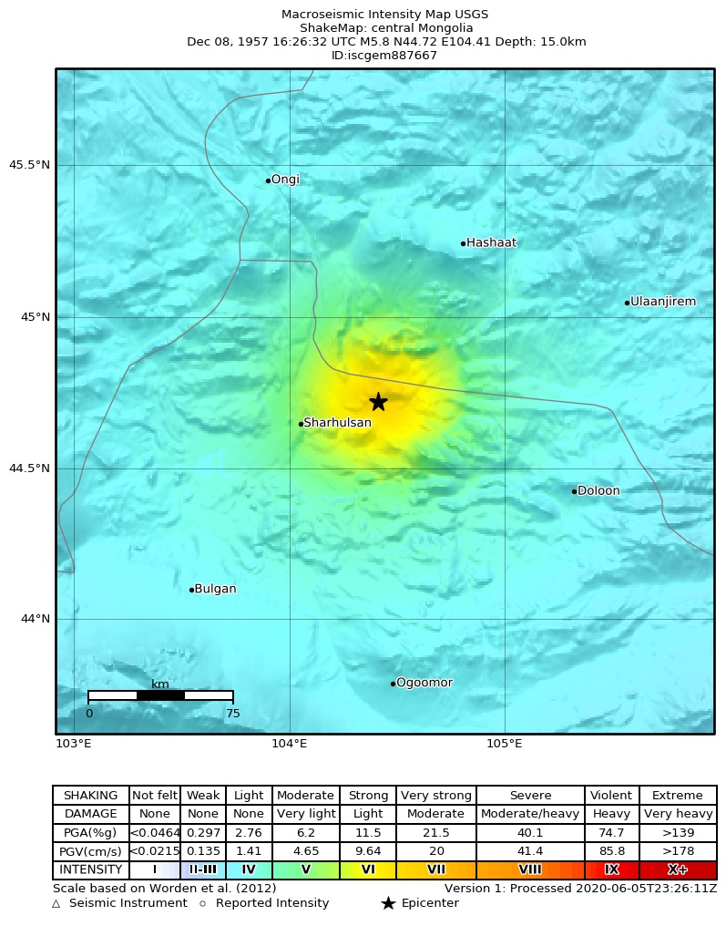 USGS ShakeMap: estimated shaking intensity around the epicenter